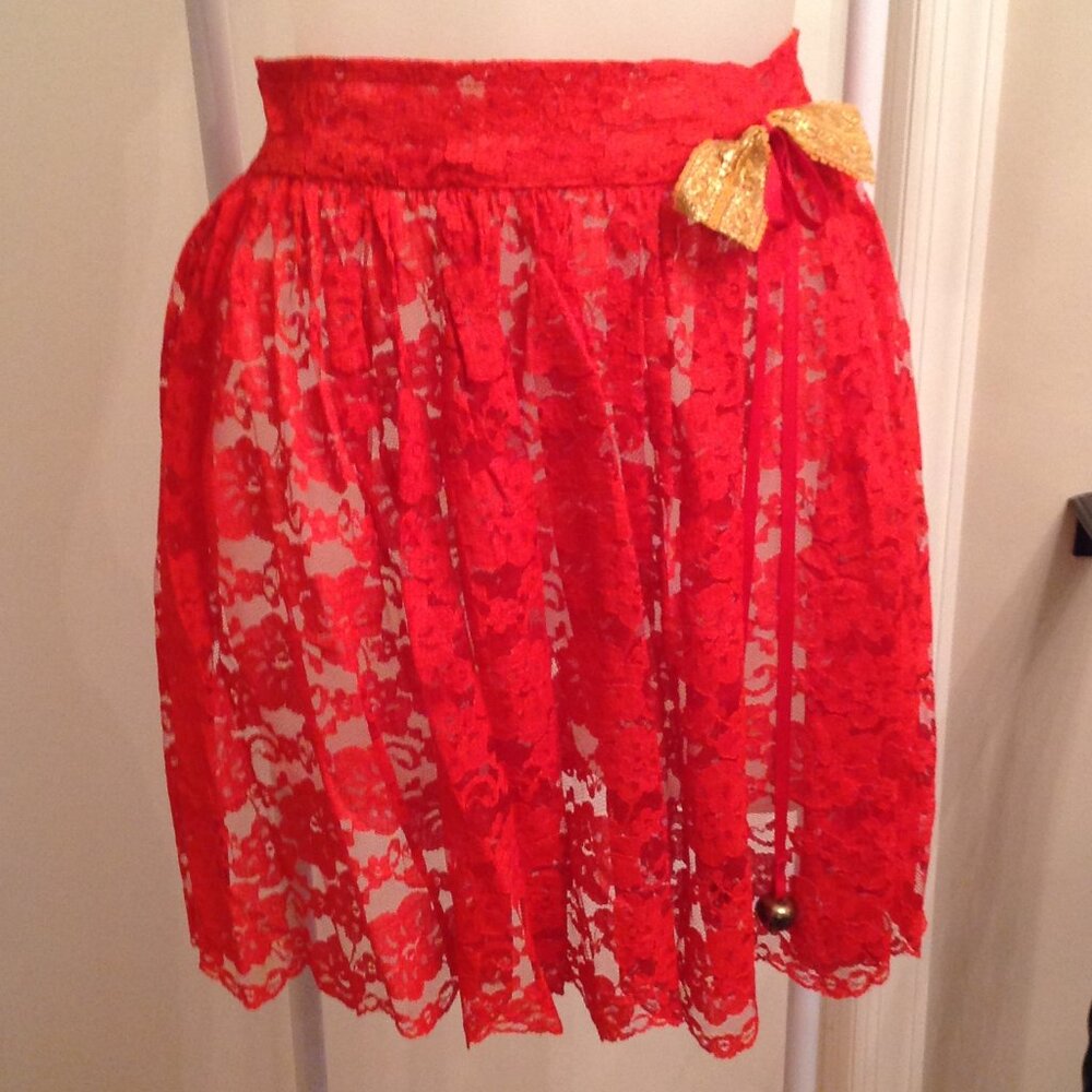 Vintage Christmas Handmade Red Chantilly Lace Jingle Bell Bow Apron